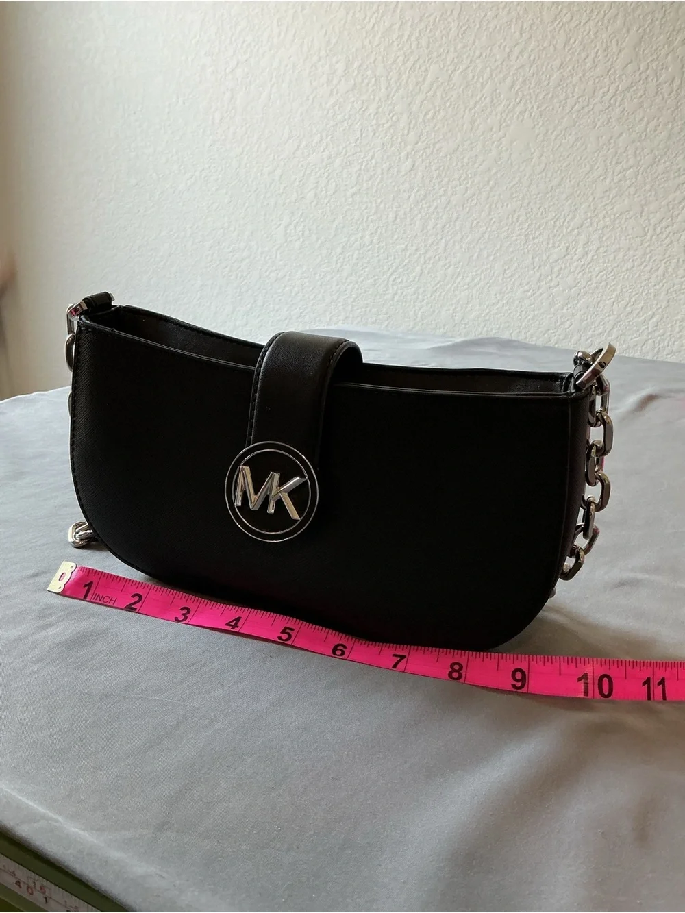 Michael Kors Black Shoulder Bag with Silver MK Emblem and Chain Strap
